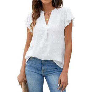 Womens White Blouse V Neck Ruffle Sleeve Flowy Shirts Dressy Casual Summer Tops